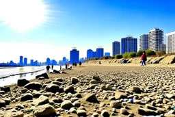 Sunny day, people, rocks, sand, distant modern city