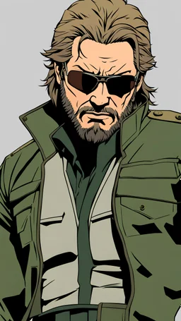 Masterpiece manga of Big Boss from Metal Gear Solid 3: Snake Eater, japanese manga style, ultra detailed character, simple background, Professional Quality drawing, full body shot, vibrant colors.