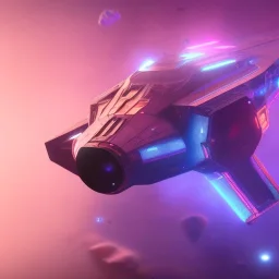 a crystalised blue pink spaceship, gold, diamonds, lightbeams, cosmic background, atmospheric, realistic, unreal engine, 8k. Cinematic lighting, octane render.