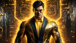 Hyper Realistic handsome muscular Electric-Superhero with short-black-hair wearing long-fancy-yellow-tuxedo-with-golden-circuit-patterns & fancy-golden-sunglasses in a dark-rustic-circuit-room with electric-sparks-&-rays & a massive circuit-board-wall with-glowing-embers showing dramatic & cinematic ambiance.