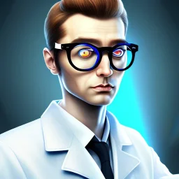 mad scientist with enlarged blue eyes and thick glasses, white cell tower in background, paranoia character