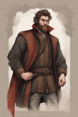 man, age 20, medieval, fighter, russian, croocked nose, czar, rich, simple clothes, short messy hair, thick beard, oligarch, leather coat with fur, brocade clothes, pencil drawing, black or red hair, muscles