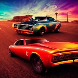 art deco, cyberpunk, neon muscle cars racing, desert road, sunset, full colour, hd,