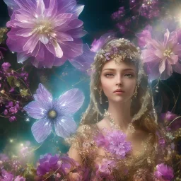 one big crystal subtle flower in a galactic ambiance with a beautiful fairy, transparent petals,