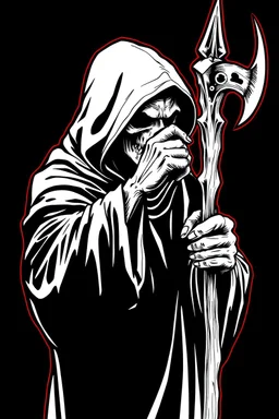 hooded Grim-Reaper gripping a staff with both hands, vignette, black and white graphic novel style with a red outline on black background,