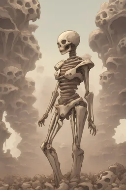 a bone yard with a tall android woman standing at the top of a pile of bones