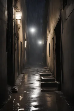 A_dark_alley_iranian_yalda_night,_hidden_shadows,_a_street_light,_puddle_of_rain, end of the alley The staircase stands unwavering, a symbol of strength and endurance. It provides a path towards solace and safety, guiding the child towards the distant moon. As they climb higher, their eyes fixated on that ethereal destination, they embody the undying spirit of resilience and the unwavering pursuit of a better future. A dark and scary forrest