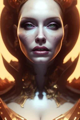 Christina Hendricks as evil queen in black leather, cleavage, angry, stern look. character design by cory loftis, fenghua zhong, ryohei hase, ismail inceoglu and ruan jia. unreal engine 5, artistic lighting, highly detailed, photorealistic, fantasy