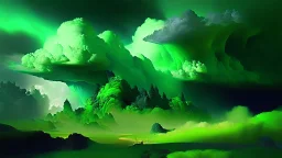 Phantasy landscape with dramatic cloud in peridot color