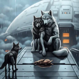 digital art front in picture an of little dark dog like creature stands and looking an anthropomorphic wolf couple sitting on the spaceship's ramp close together, the pale gray female wolf sits behind strong male wolf and puts one paw on the dark gray wolfman's shoulder, raini day, on ramp a little piece of meat lies down, high contrast, high detalied, high realistic, in background detail of an angular spaceship visible. Rain, The atmosphere is a seamless blend of sci-fi, dark fantasy