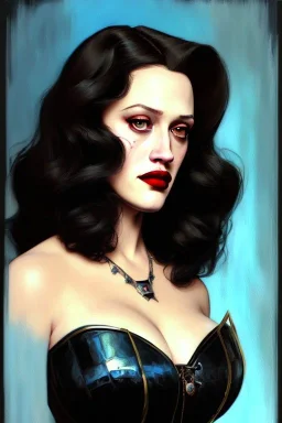 painting of kat dennings as evil queen in black leather gown, feminie, angry, stern look on her face, volouptous, busty, cleavage, emperious, mature, highly detailed, digital painting, artstation, concept art, smooth, sharp focus, illustration, art by gaston bussiere and alphonse mucha