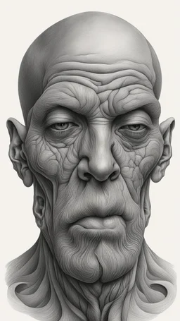 ππ§π€π’π₯π© highly detailed graphite illustration, A surreal astonishing face with exaggerated anatomical features, heavily wrinkled skin, and an intense, contemplative expression. bald head, thick eyebrows, long beard merge into swirling abstract shapes. Large, expressive hands, one covering the mouth and the other gripping the forehead tensely. Mysterious, introspective, dreamlike, somewhat dark fantasy. #ππ§πart #prompt