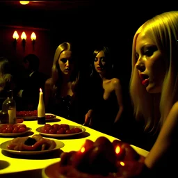 Horror movie shot, hot spooky, hot, ultra realistic, dine, they enjoy and get hot excited, ultra realistic hot blonde women, party, pieces of meat, organs, ail, dynamic, very excited people, hypermaximalist figures, light, 1970's Italian horror movie, sinister,, Dario Argento, Stanley Kubrik, ornate, 4k, photorealism