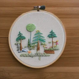 exquisite whimsical forest in embroidery hoop, intricate, highly detailed, linen and wood backdrop