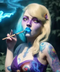 Ultra realistic wonderland photo, happy blonde woman smoking a shisha, blue dress, big purple-cat friend, circus dress style, old school tattoo, smoke, marijuana garden, glow eyes, perfect iris, soft color, highly detailed, unreal engine 5, cinematic, ultra detail, volumetric lighting, high definition.