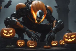 venom machine with pumpkin helmet in 8k nier automata artstyle, halloween them, pumpkin helmet, close picture, fantasy world, intricate details, highly detailed, high details, detailed portrait, masterpiece,ultra detailed, ultra quality