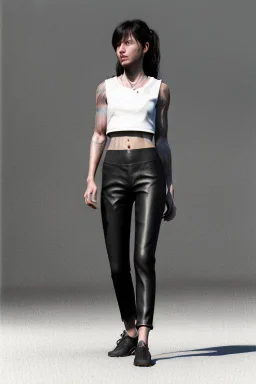 Ultra Realistic image, 25 years old brunette woman, Madrid, portrait, small stature, small chest, yakuza body tattoo, white broken cotton short undershirt, black leather legging, vibrant color, highly detailed, art stations, concept art, smooth, unreal engine 5, god rays, ray tracing, RTX, lumen lighting, ultra detail, volumetric lighting.