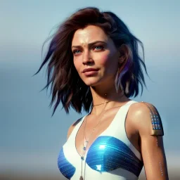 One beautiful portrait of one cyberpunk woam goddess of love and compassion beautiful with lot's of grain on her skin, blue eyes, with natural hair floating in the wind cyborg smiling facing camera orange color scheme, high key lighting, volumetric light high details with white stripes and feathers unreal 5, octane render, cinema4d, dynamic lighting, dramatic lighting, 4k, redshift render, highly detailed, hyper realistic, backlight, sunset