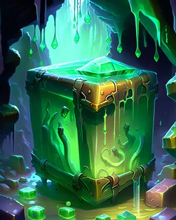 a slimy dripping gelatinous cube in vast dungeon cave room with treasure chests rpg art painterly