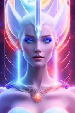 young cosmic woman admiral from the future, one fine whole face, large cosmic forehead, crystalline skin, expressive blue eyes, blue hair, smiling lips, very nice smile, costume pleiadian,rainbow ufo