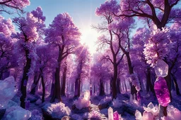 A sprawling crystal forest with trees made of gleaming quartz and amethyst, reflecting the sun's rays and casting a mesmerizing, kaleidoscopic light show.