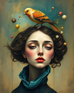 painting of a woman with a bird on her head and a bird on her head, surrealist painting, surrealist artwork, emotional surrealist art, abstract surrealist, a surrealist painting, surrealist art , abstract surrealism, abstract surrealism masterpiece, surreal painting, contemporary surrealism, magically shaped surrealism