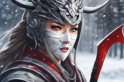 Beautiful girl ronin in 8k anime realistic drawing style, ronin custom, kindred mask, close picture, snow, apocalypse, intricate details, highly detailed, high details, detailed portrait, masterpiece,ultra detailed, ultra quality