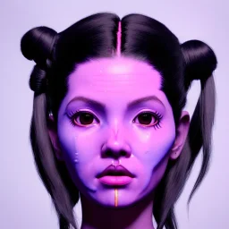 perfect symmetry, cyber droid Rosalía artist, black eyeliner, cyberpunk, ghost in the shell style, pigtails hair, gold, pink, geisha, led lights, fog, rain, latex, soft color, highly detailed, art stations, concept art, smooth, unreal engine 5, god rays, ray tracing, RTX, lumen lighting, ultra detail, volumetric lighting, 3d, finely drawn, high definition, high resolution.