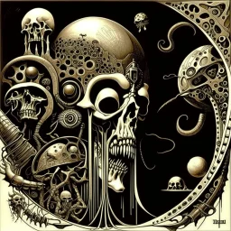 unrestrained chaos, regressive overlapping timelines, horror art, by Graham Sutherland and HR Giger, by Wes Benscoter, mind-bending illustration; dramatic and ominous, asymmetric, Braille language glyphs, cosmic horror,