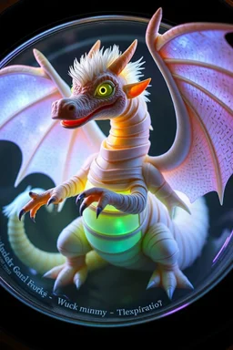 The image depicts a fantastical duck mummy snow soup, specifically a dragon with neon flash aura, with a unique and whimsical appearance. The dragon is positioned in a circular frame, which suggests it might be inside a container or a vessel. The dragon's body is elongated and has a segmented appearance, with a detailed texture that gives it a realistic look. Its head is covered with white, spiky hair, adding to its fantastical charm. The dragon's wings are large and spread out