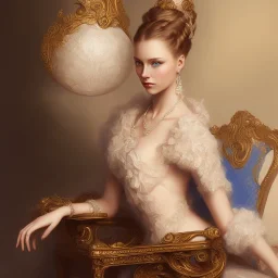 painting of an elegant lady sitting on a chair, perfect face, blue eyes, sharp focus, highly detailed