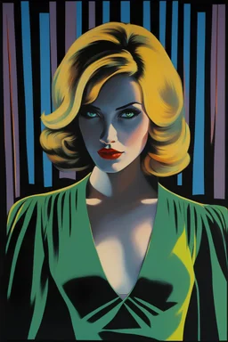 A (((realistic close-up of a woman with green vertical slit pupils looking down))), set against a (((black backdrop))), with a softly glowing (((blue gradient halo))), oil painting evoking a vintage Italian Giallo film thriller poster from the 1970s in the style of Saul Bass