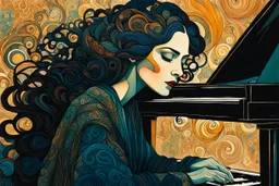 create an abstract expressionist, highly ethereal, darkly magical illustration of a deeply sorrowful, woman at her piano, with highly detailed and deeply cut facial features, in the style of GUSTAV KLIMT, PABLO PICASSO, EDWARD BURNE-JONES, WILLIAM MORRIS, and KATHE KOLLWITZ combined with the comic art style of BILL SIENKIEWICZ and JEAN GIRAUD MOEBIUS, searing lines and forceful strokes, precisely drawn, boldly inked, and darkly colored