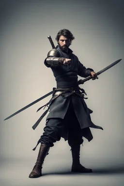 a swordsman with a rapier in right hand and nothing in the left hand. interesting pose