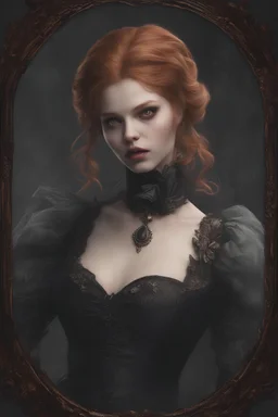 vampire Alexandra "Sasha" Aleksejevna Luss render eye candy style Artgerm Tim Burton, subject is a beautiful long ginger hair vampire with fangs biting a female's neck, romantic, close faces, bite, feed, victorian dress, victorian background style of in the Paris, 70mm, high detail, hyper detailed, photographic detail, UHD, unreal engine 5, headshot render, octane render, bokeh,eye candy oil paiting In depth psychology display