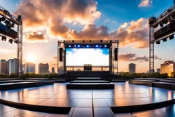 a big open empty disko stage in modern city in a very big square , at distance,blue sky pretty clouds ,moon light .