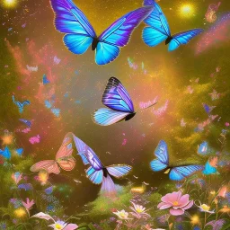 A world full of shimmering butterflies with spread out wings and light, graceful movement. This land is beautifully colored and surrounded by a picturesque landscape with trees, flowers, and singing birds. The butterflies are visible against the background of this peaceful, harmonious world.