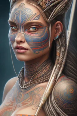  Photorealistic painting Portrait voluptuous female Maori Chief iron maiden rainbow Maori tribal tattoos, bow with arrows, full detail, 8k Neko Erokawa, style of Zootopia