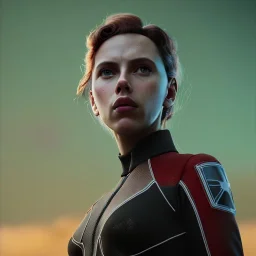 retro sci-fi portrait image from 1960, supermarket parking explosion, fire, classic black widow, young Scarlett Johansson, classic tight lycra suit, soft color, highly detailed, unreal engine 5, ray tracing, RTX, lumen lighting, ultra detail, volumetric lighting, 3d, finely drawn, high definition, high resolution.