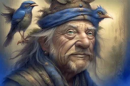 a painting of an old man with a bird on his head, a character portrait by Wendy Froud, cgsociety, fantasy art, storybook illustration, grotesque, detailed painting