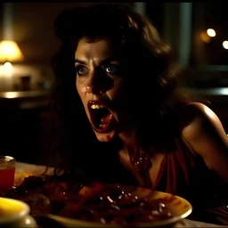 Horror movie shot, demon, hot spooky, stunning, dining, meat, ultra realistic, really eerie, stunning, huge breit, ultra hypnotic, obsessive, hyperrealistic hot skinny woman, pieces of meat, Dario Argento, Stanley Kubrik, 1980's, ornate, 4k, photorealism, splatter horror, graphic, details of the skin extremely accentuated