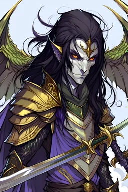 A half crocodile-faced, half bat demon, with a long reptilian snout, long sleek black messy hair, with golden intense eyes. Flying above the viewer, holding two swords. The color theme should be black, grey, green, and purple.