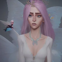 Fantasy fairy with wings, long blond platinum hair, crown, beautiful dress, flowers in background, blender 3D