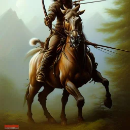 frank frazetta style, hunter with bow, forest in the distance