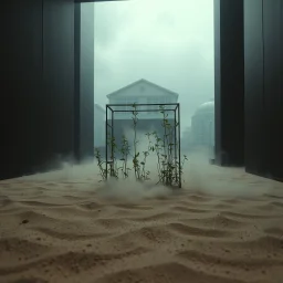 A photo of a closed environment in a dark closed space. In the background there is a bulding. A structure made of some electronical devices. Plants, clouds. The surface below appears to be sandy, with small accumulations of sand. Fog, powder. Hypermaximalist, ornate, molecular. In the background, other forms or structures are visible, some of which are thin and transparent. The photo was taken with a Hasselblad H6D 400c camera.