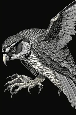 "Create an AI line art piece featuring the Peregrine Falcon, half body short, one of nature's fastest and most agile predators. Capture the bird in flight, showcasing its incredible speed and grace. Highlight the intricate details of its feathers and the intensity in its eyes, embodying the essence of this magnificent raptor."