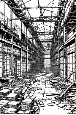 Abandoned industrial warehouses, line arts, manga style