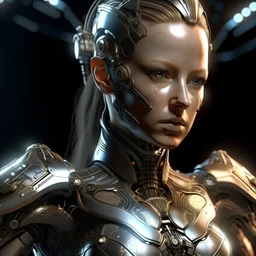 Generate an 8k image of a futuristic Hollywood superstar with android features, inspired by Luis Royo's art, wearing a metallic exosuit.