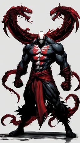 A close picture of Venom symbiote with kratos red tattoos and Clothes, holding blade of choice