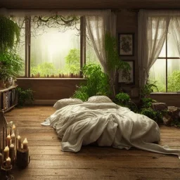 a gorgeous, stunning room with large window and mystical forest view, decorative pillows on rustic wood floor, candles, gauzy curtains, plants, tranquil, 8k resolution, high-quality, fine-detail, digital art, detailed matte, volumetric lighting, illustration, 3D octane render, brian froud, howard lyon, selina french, annie stokes, lisa parker, greg rutowski,